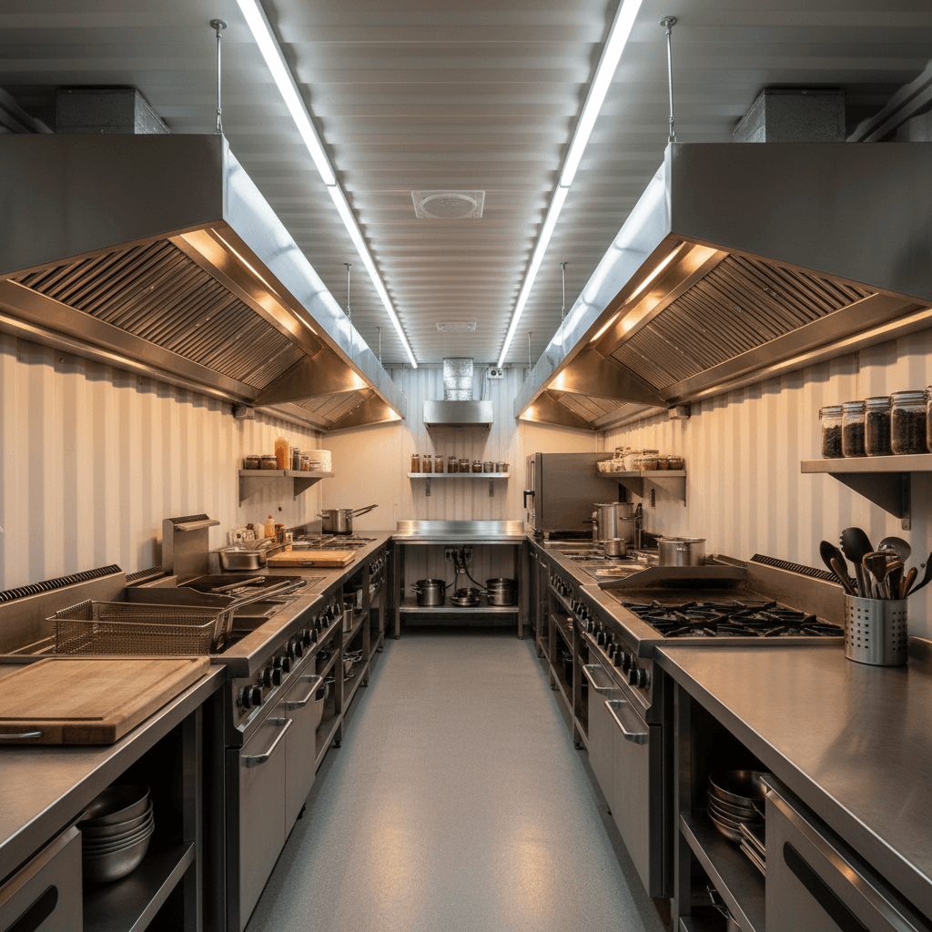 Interior of a shipping container kitchen with commercial equipment